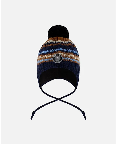 Deux par Boy Lined Peruvian Knit Winter Hat with Pompom Taupe and Navy - Toddler|Child