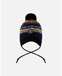 Deux par Boy Lined Peruvian Knit Winter Hat with Pompom Taupe and Navy - Toddler|Child