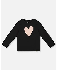Deux par Girl Cotton Long Sleeve T-Shirt Black with Heart