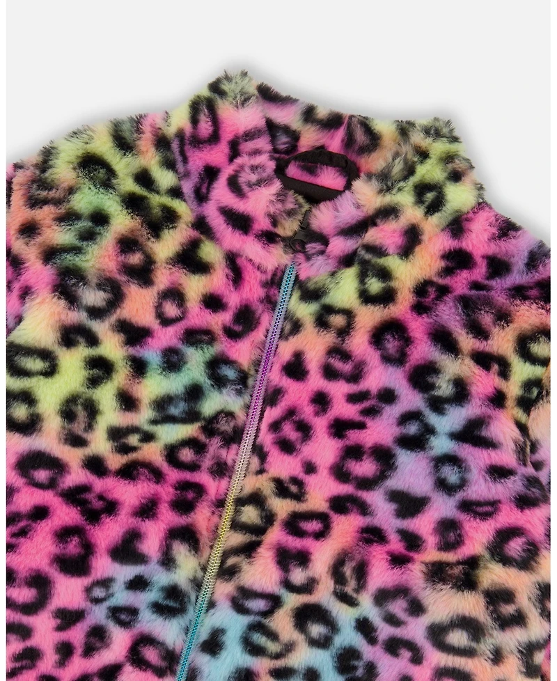 Deux par Girl Faux Fur Zipped Jacket Multicolor Leopard