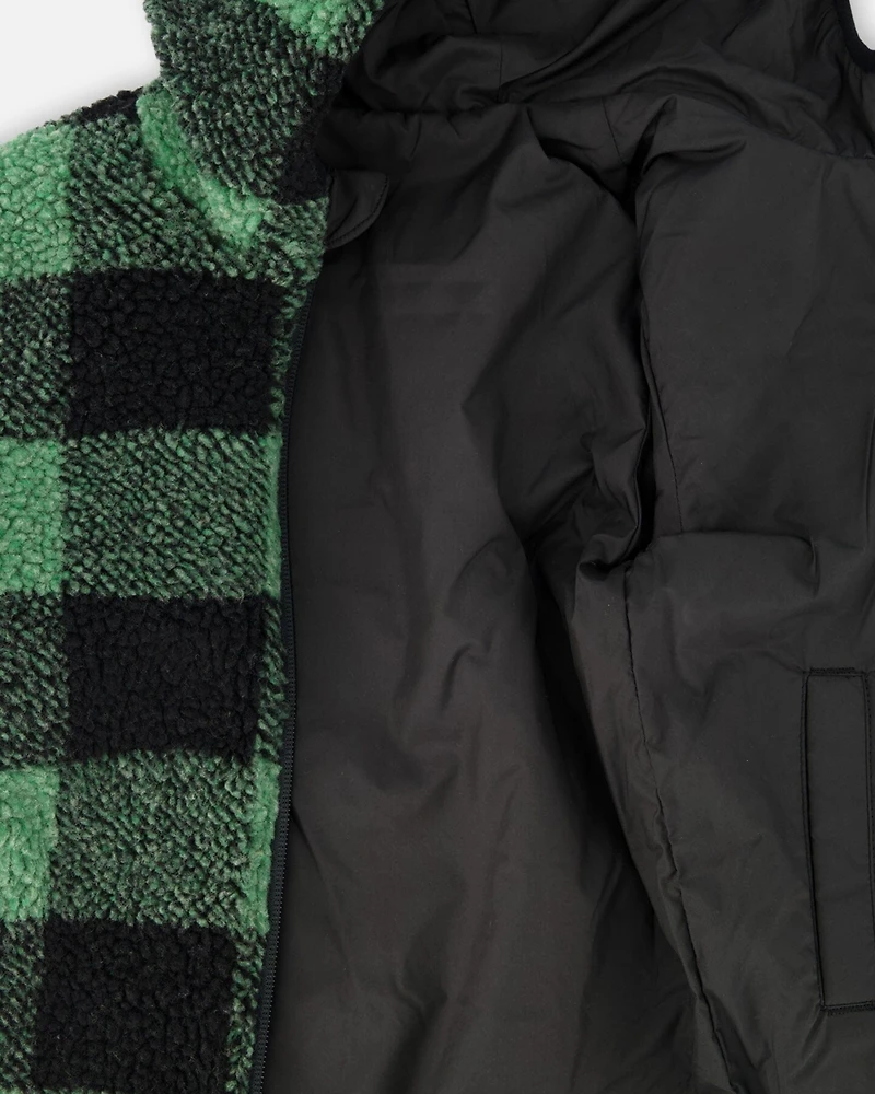 Deux par Kids Unisex Reversible Mid-Season Sherpa Jacket Teal Plaid