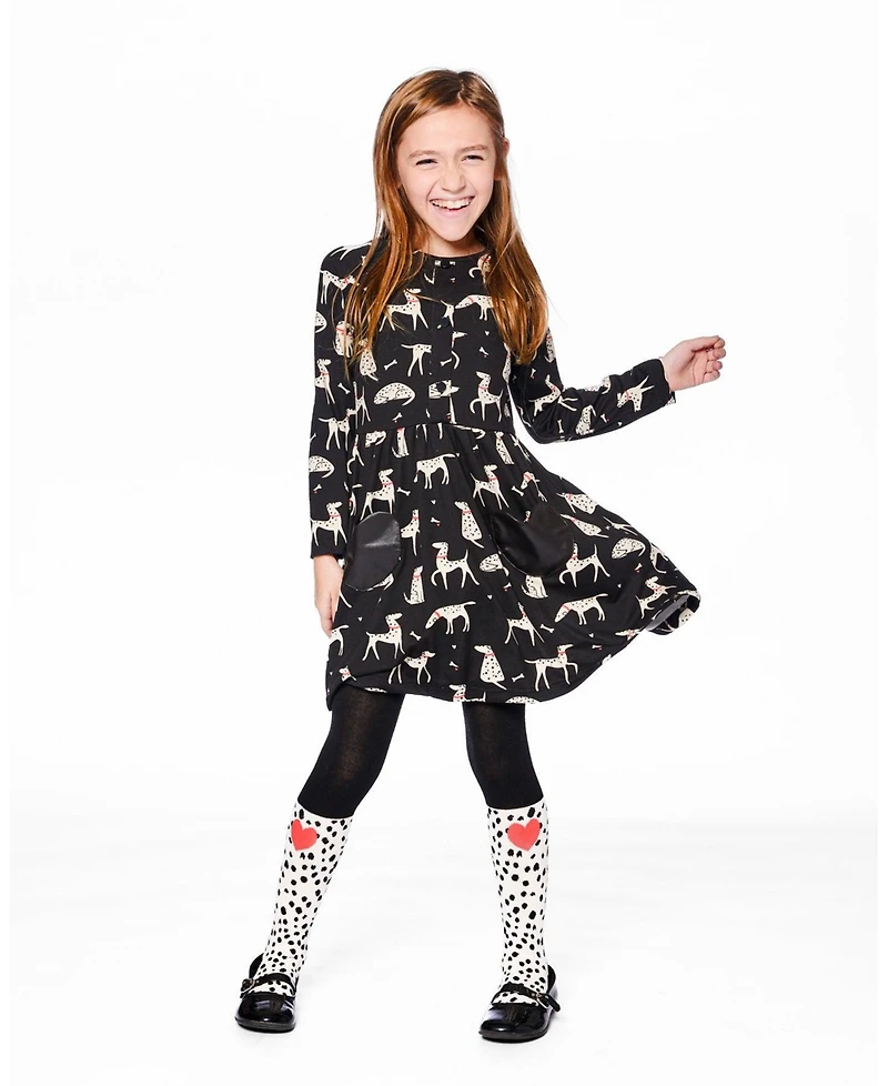 Deux par Toddler Girls Half Button Jersey Dress Black Dalmatian Print - Toddler|Child