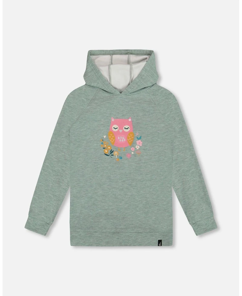 Deux par Girl Hooded Tunic Sage Green with Owl Print