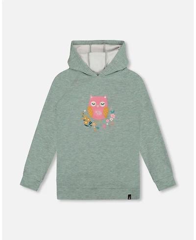 Deux par Girl Hooded Tunic Sage Green with Owl Print