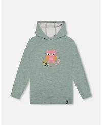 Deux par Girl Hooded Tunic Sage Green with Owl Print