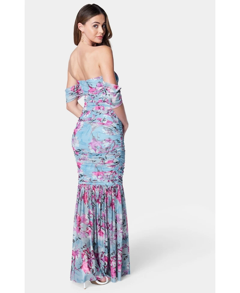 Bebe Women's Off Shoulder Ruched Mesh Gown