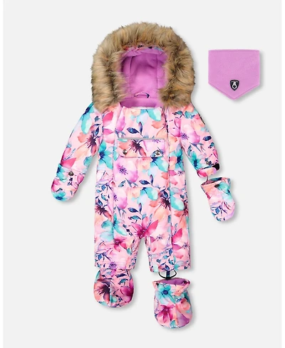 Deux par Baby Girl One-Piece Play Snowsuit Designed for Car Seat Pink Watercolor Flower Print - Baby|Toddler