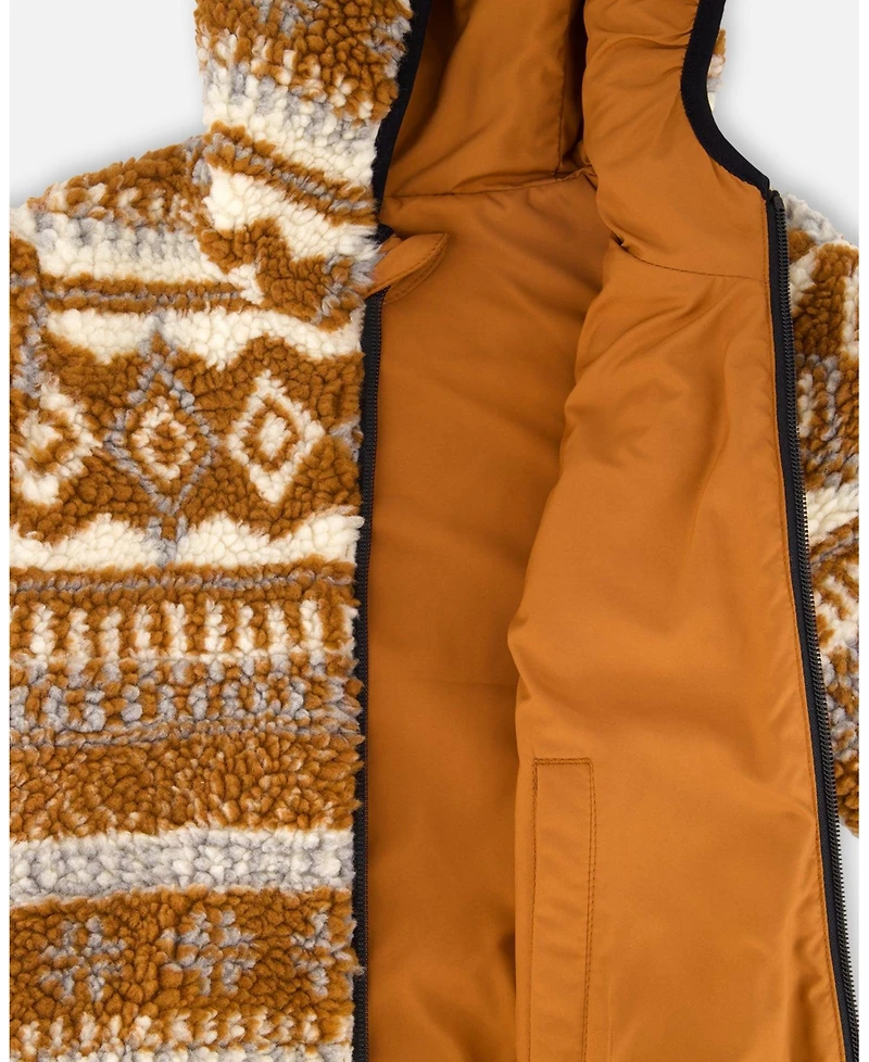 Deux par Toddler Unisex Reversible Mid-Season Sherpa Jacket Brown Aztec Pattern