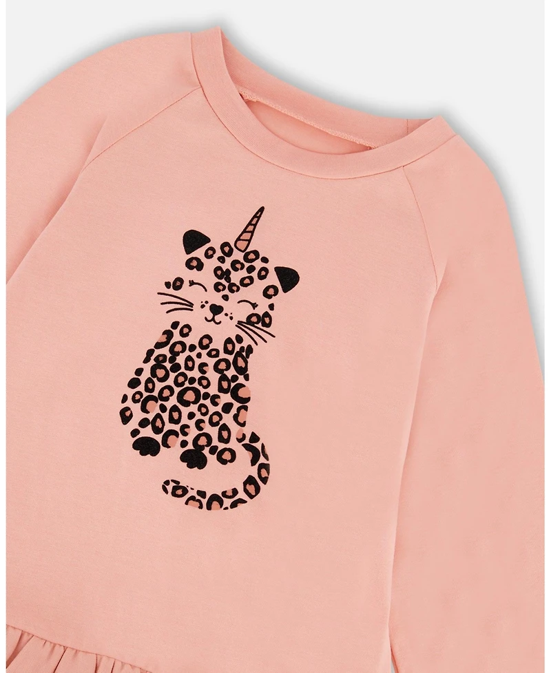Deux par Girl Long Bi-Material Top Dusty Pink with Mesh Ruffle Hem and Leopard Print - Toddler|Child