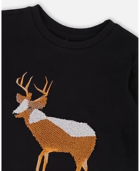 Deux par Baby Boy Cotton T-Shirt Black with Boucle Deer Applique