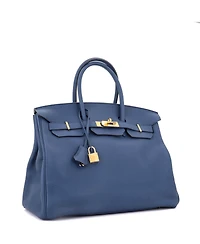 Pre-Owned Hermes Birkin Handbag Blue Clemence with Gold Hardware
