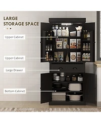 Homcom 71" Kitchen Pantry Cabinet with Large Storage and Led Lights,