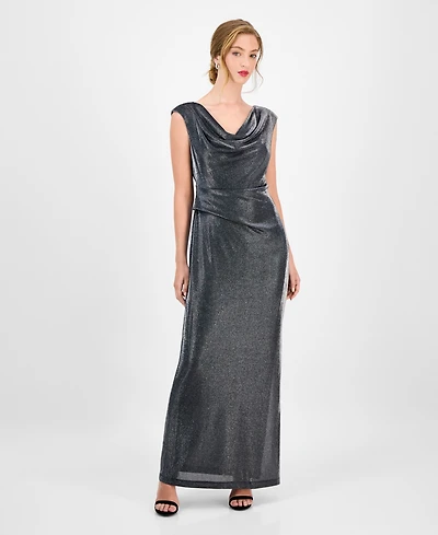 Connected Women's Knit Draped-Neck Metallic Gown
