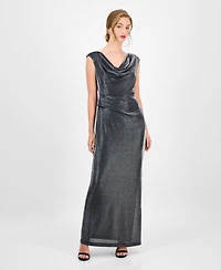 Connected Women's Knit Draped-Neck Metallic Gown