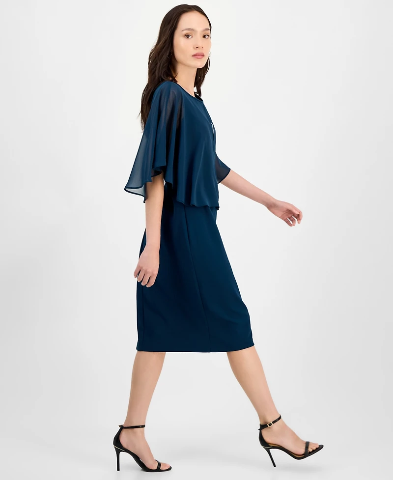 Connected Petite Cape Overlay Round Neck Dress