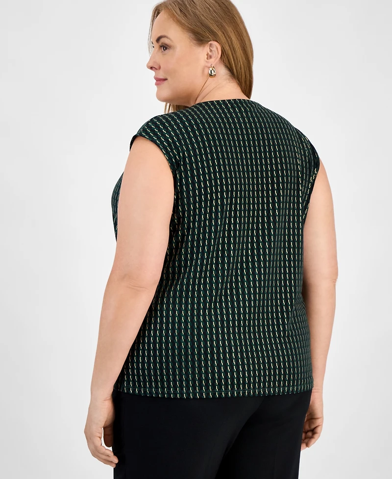 Kasper Plus Printed Pleat-Neck Sleeveless Top