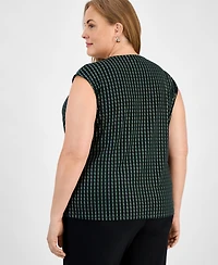 Kasper Plus Printed Pleat-Neck Sleeveless Top