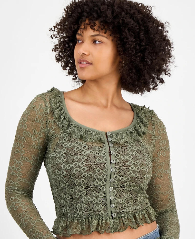 And Now This Women's Ruffle-Trim Stretch-Lace Crop Top, Macy's Exclusive