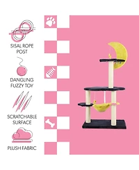 Aurora 49" 3-Tier Modern Sisal Moon And Stars Cat Tree with Scratching Posts, Basket, and Fuzzy Bell Toys, Navy/Yellow/White