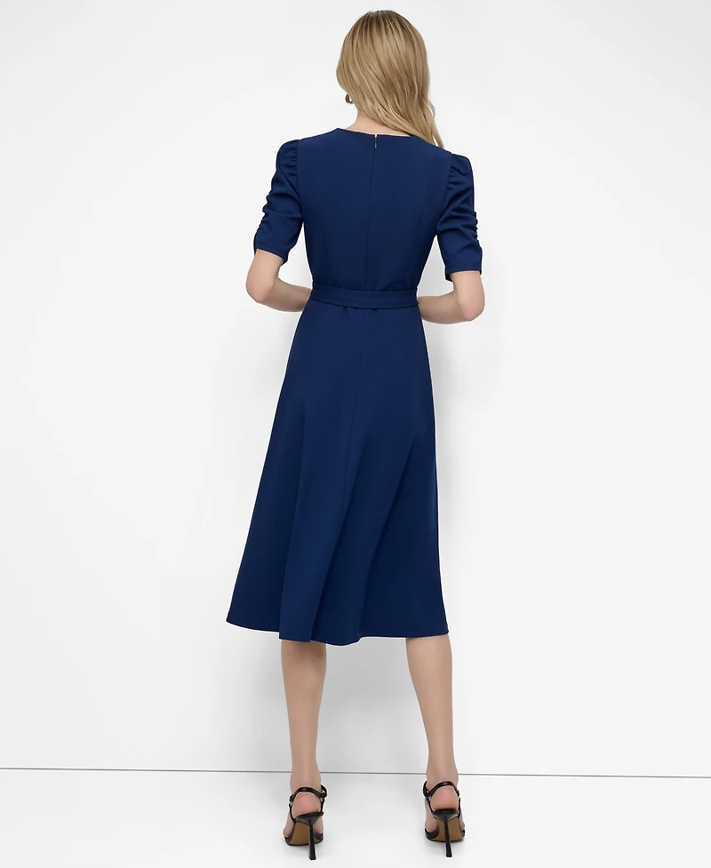 Dkny Women's Ruched-Sleeve Belted Fit and Flare Midi Dress