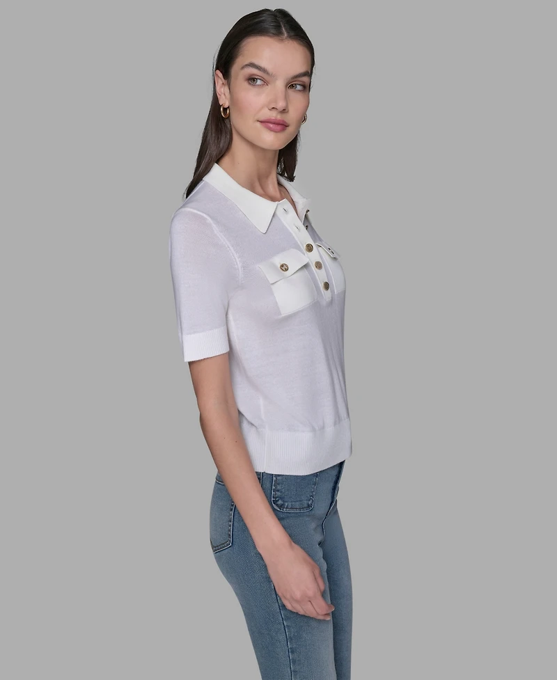 Karl Lagerfeld Paris Women's Short-Sleeve Button-Front Sweater