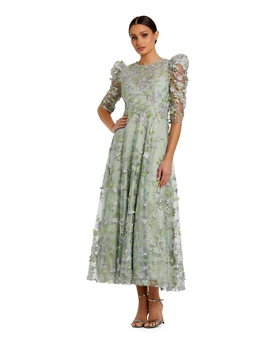 Mac Duggal Women's Applique High Neck Puff Sleeve A Line Dress