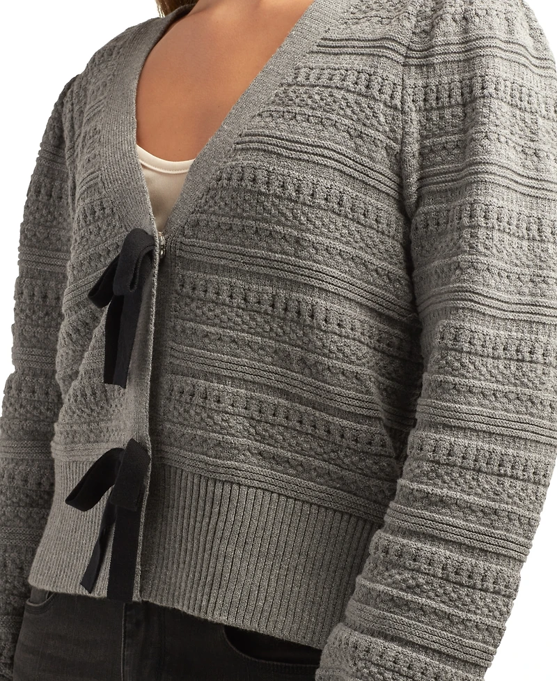 Bcx Juniors V-Neck Bow-Trim Long-Sleeve Cardigan