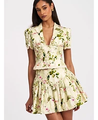Miss Circle Women Zanella Green Floral Print Lace Trim Linen Top