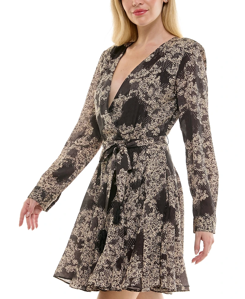 Taylor Women's Long-Sleeve Jacquard A-Line Wrap Dress