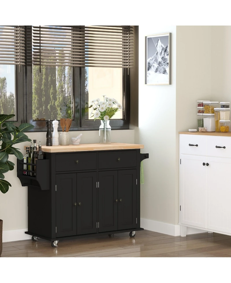 Halifax North America Black Kitchen Island: Cart with Varnished Rubberwood Top and Casters