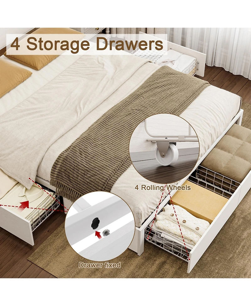 Hausource Modern Full Size Bed Frame with 4 Storage Drawers & Led Headboard & Charging Station