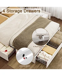 Hausource Modern Full Size Bed Frame with 4 Storage Drawers & Led Headboard & Charging Station