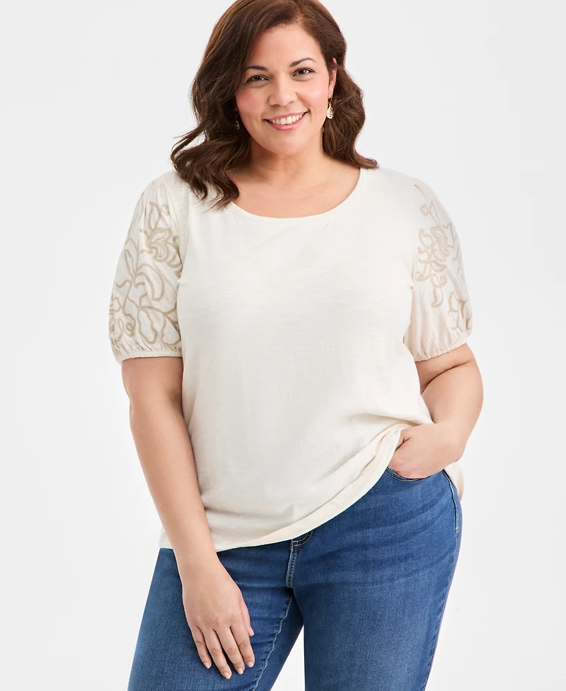 Style & Co Plus Cotton Embroidered-Sleeve Top, Macy's Exclusive