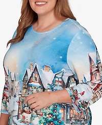 Alfred Dunner Plus Classic Embellished Snow Cabin Village Scene Crew Neck Top