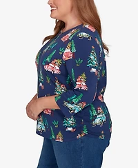 Alfred Dunner Plus Classic Christmas Tree Print Beaded Keyhole Neck Top