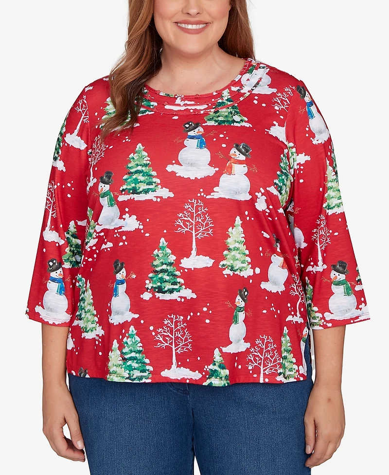 Alfred Dunner Plus Classic Snowmen Printed Crew Neck Top