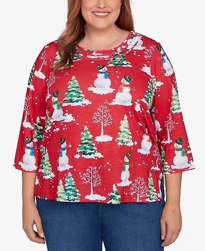 Alfred Dunner Plus Classic Snowmen Printed Crew Neck Top