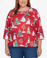 Alfred Dunner Plus Classic Snowmen Printed Crew Neck Top