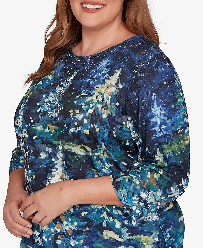 Alfred Dunner Plus Classic Starry Night Holiday Tree Crew Neck Top