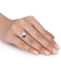 Cultured Freshwater Pearl (6mm) & Lab Grown Sapphire (5/8 ct. t.w.) Bypass Ring Sterling Silver