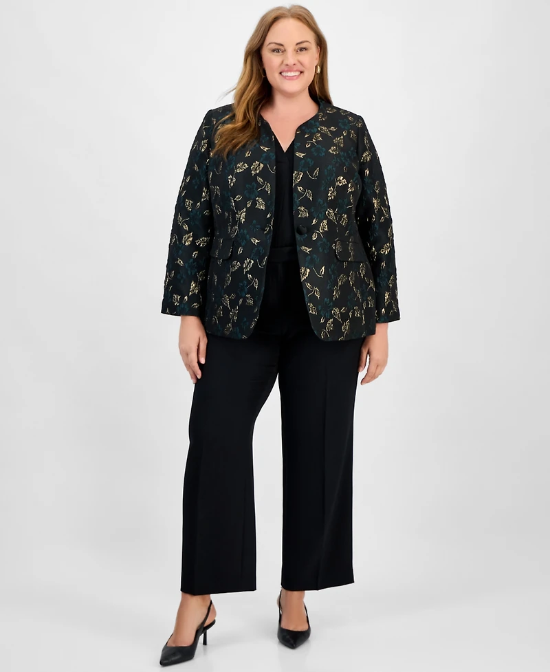 Kasper Plus Metallic Jacquard Collarless One-Button Blazer