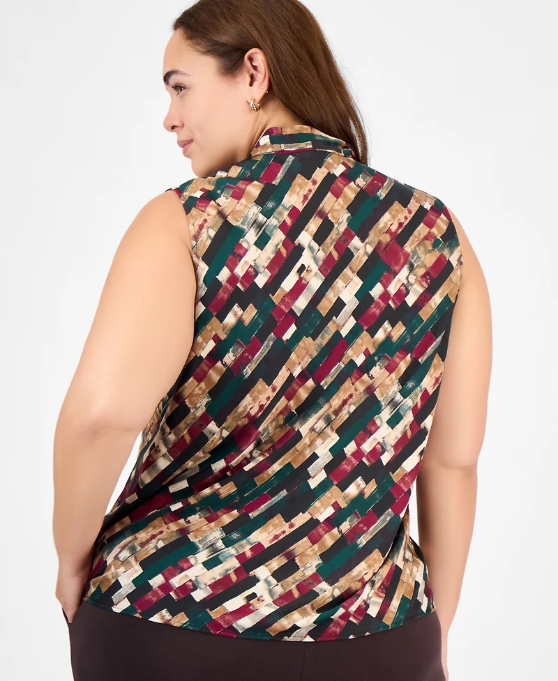 Kasper Plus Printed Tie-Neck Sleeveless Top