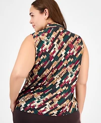 Kasper Plus Printed Tie-Neck Sleeveless Top