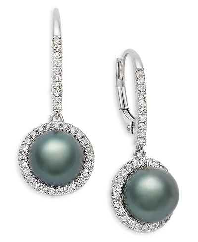 Macy's 14K White Gold Tahitian Pearl (7.5-8.0mm) and Diamond (1/4 ct.tw.) Leverback Earrings Set