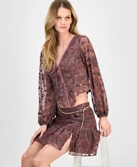 Guess Womens Seiah Embroidered Blouson Sleeve Blouse Seiah Mini Skirt