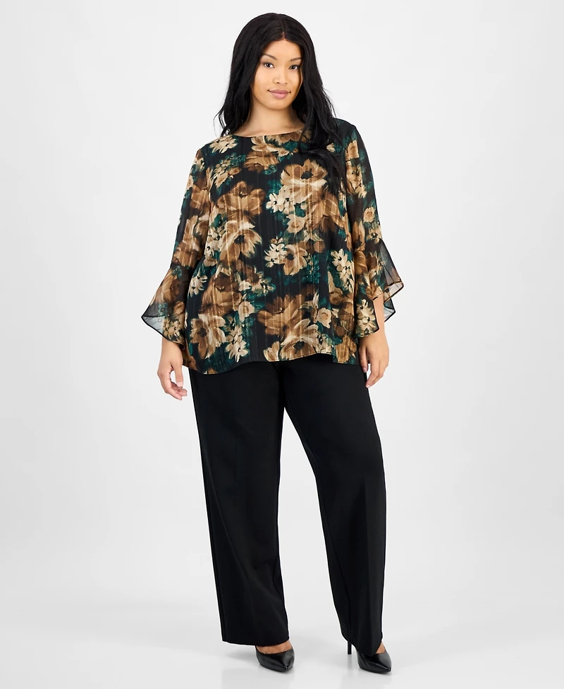 Kasper Plus Printed Ruffle-Sleeve Blouse