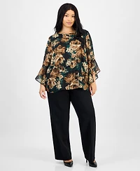 Kasper Plus Printed Ruffle-Sleeve Blouse