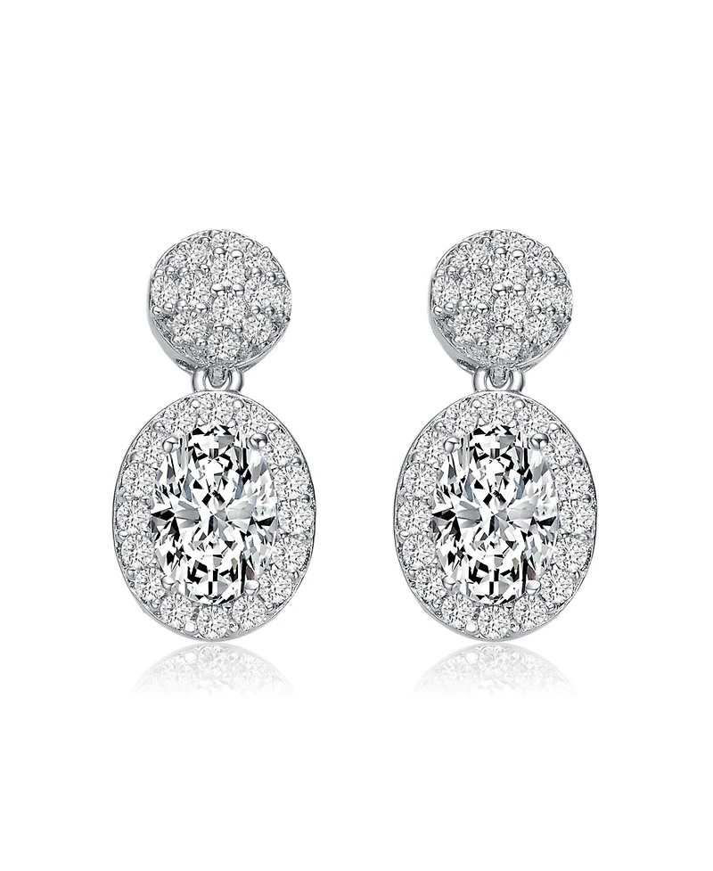 Sterling Silver with White Gold Plated Clear Oval and Round Cubic Zirconia Halo with Cluster Post Drop Earrings