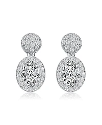 Sterling Silver with White Gold Plated Clear Oval and Round Cubic Zirconia Halo with Cluster Post Drop Earrings