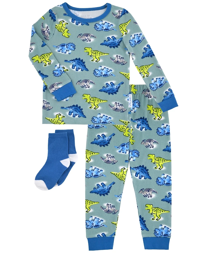 Max & Olivia Baby and Toddler Boys 2-Piece Dinosaur Pajama with Socks Set